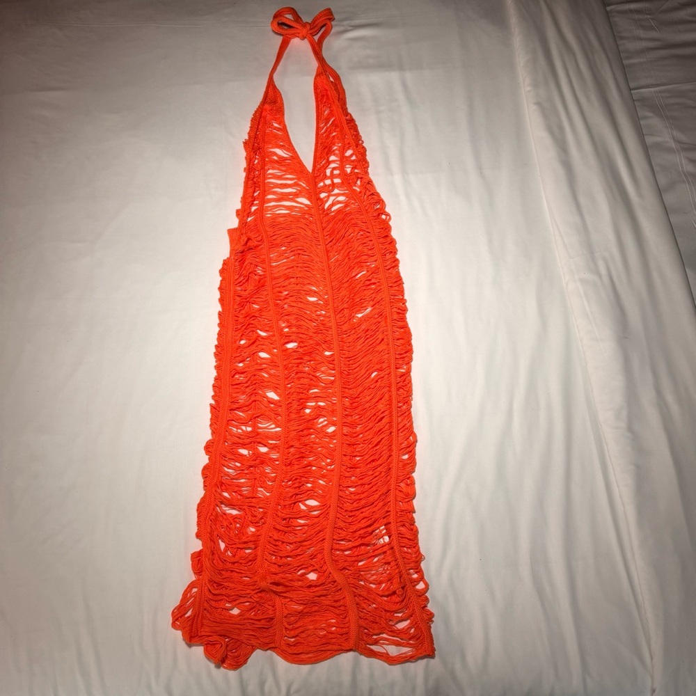 Vibrant Orange Crochet Halter coverup Dress size medium